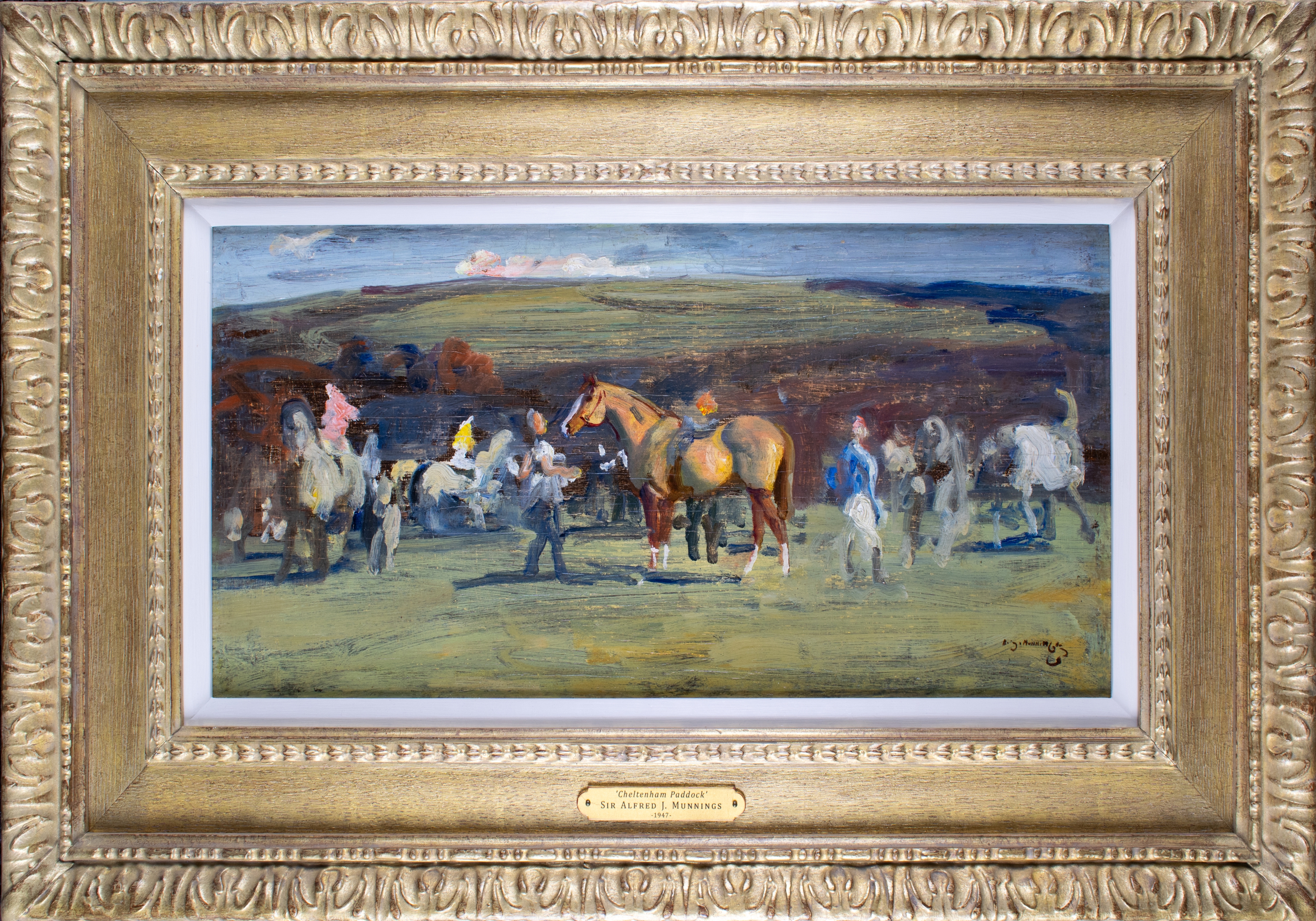 Oil on panel, signed lower right, 'A. J. Munnings' Labels verso, 'Ernest Brown & Phillips', their exhibition at the Leicester Galleries 1947, Sir Alfred Munnings PRA  Provenance: Mrs Gallegos (purchaser at the Leicester Galleries); Private collection of a titled lady, UK.